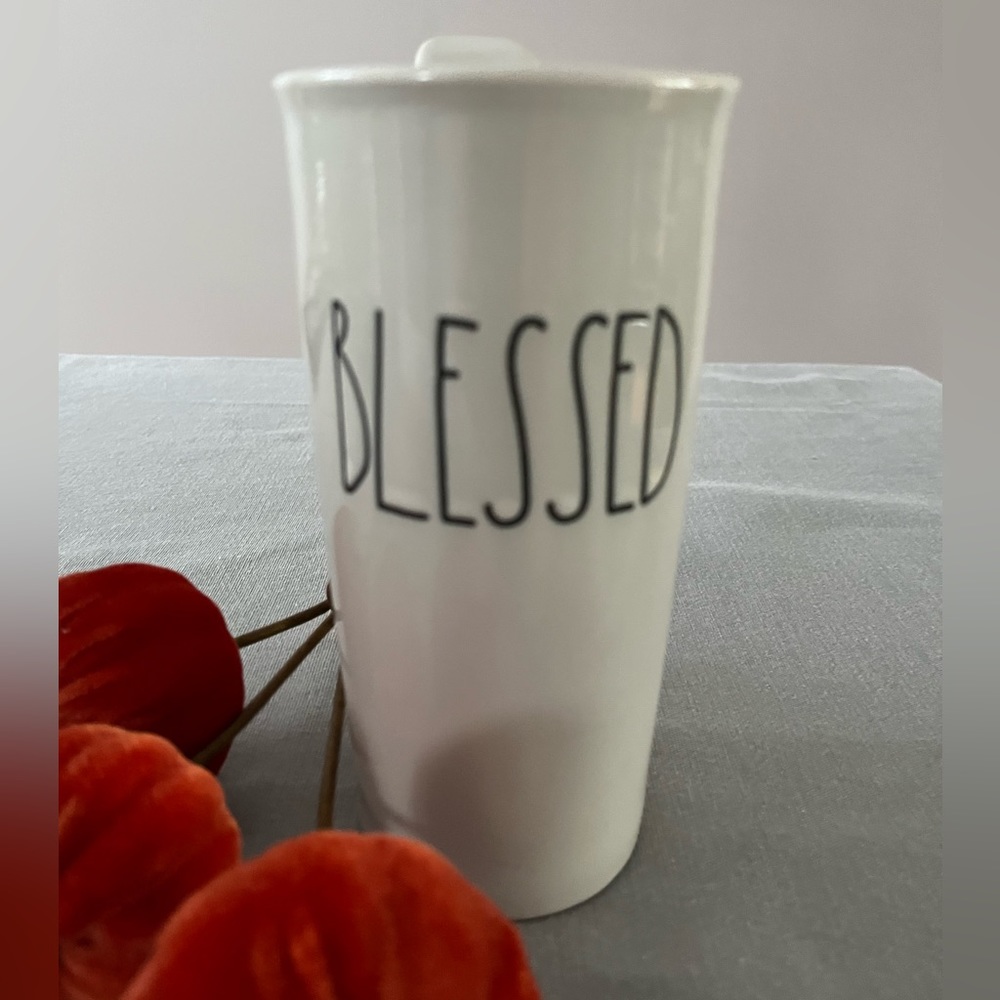 RAE DUNN BLESSED CERAMIC TUMBLER TRAVEL MUG WITH LID